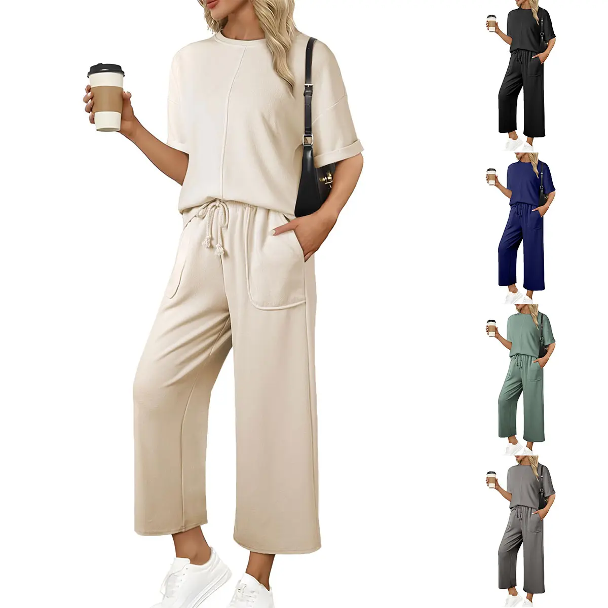 Naeduo Women's 2-Piece Knit Lounge Set, Lightweight Oversized Short Sleeve Crew Neck Top and Wide Leg Pants with Pockets Outfit, Shortsleeve, Baggy, Sets For Women 2 Piece, Athletic, Comfy Pants & Top Sets
