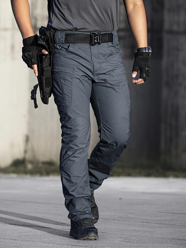 Men's Tactical Work Pants with Zipper Pockets, Plain Design, Durable Fabric, Casual Outdoor Hiking & Construction, Adjustable Waist