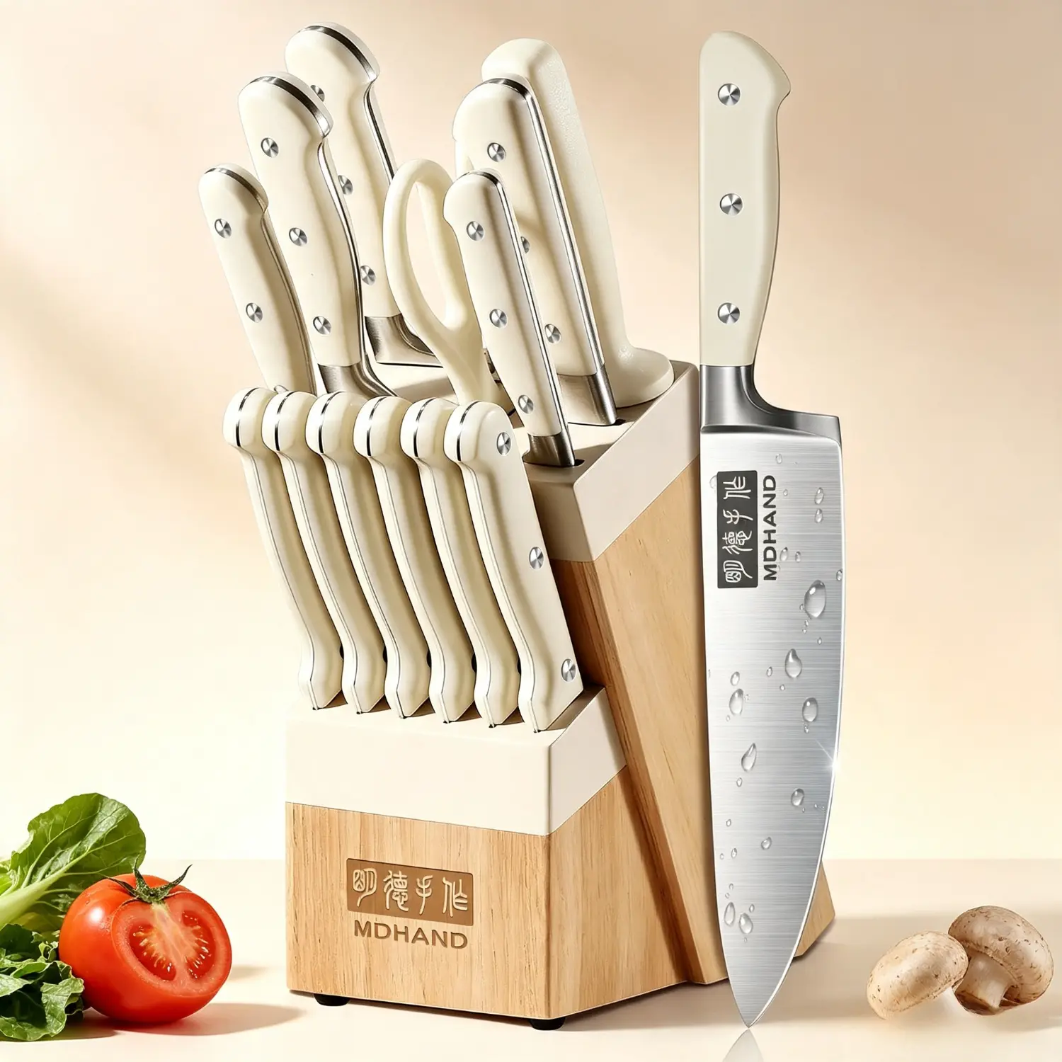 Professional Knife Sets  with Block for Kitchen, 14pcs High Carbon Stainless Steel Knives Set with Block And Sharpener, Ultra-Sharp Knife Set with Wooden Handle, Kitchen Gadgets, Knives for Men, Dishwasher Safe, for Family Gift