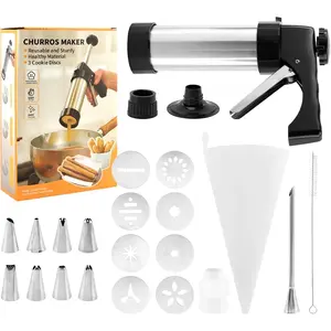 Churro Maker Kit, Stainless Steel, 8 Discs, 8 Tips, Cleaning Brush, Piping Bag, Black+Silver, Cylinder
