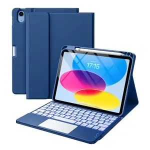 iPad 11th & 10th Gen Case with Keyboard Folio Cover Pencil Holder Multi-Touch Trackpad 7 Color Backlit Detachable Keyboard Navy Blue