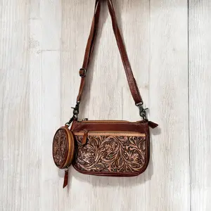 Tan tooled leather crossbody bag 