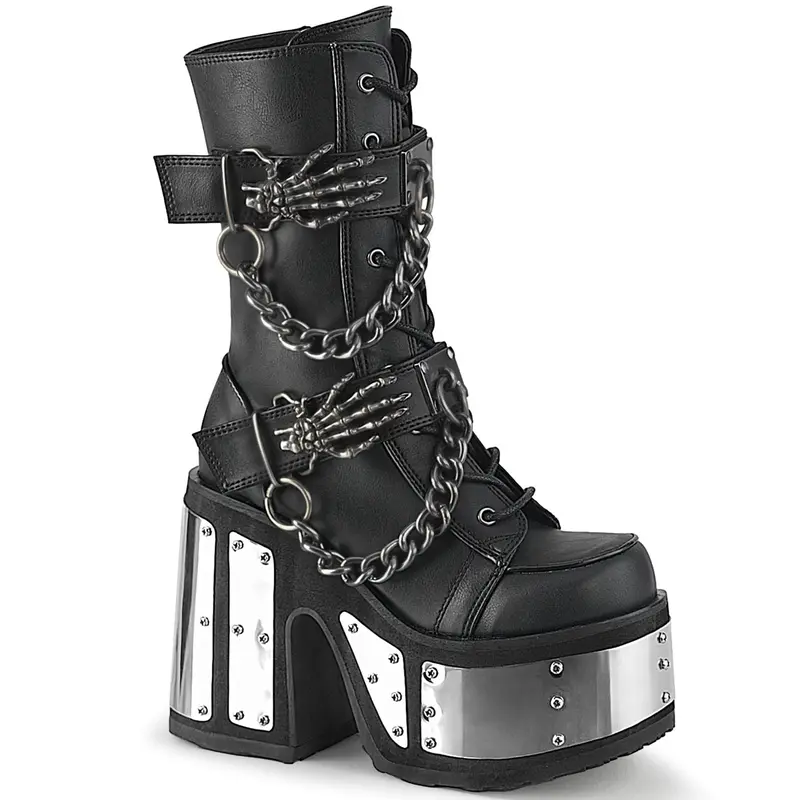Demonia Camel-120 Black Vegan Leather Calf High Boots