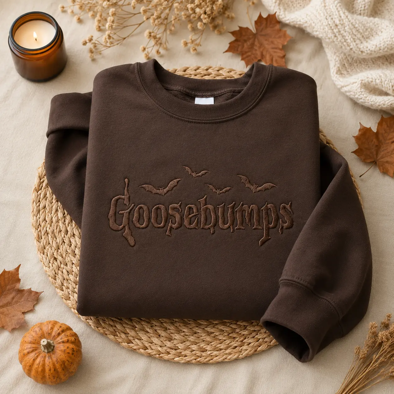 Goosebumps Embroidered  Crewneck Sweatshirt, Horror Book Lover Gift, Spooky Season Hoodie, Tonal Embroidery, Gothic Fall Pullover