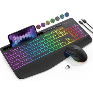 Keyboard and  Combo - 9 Backlit Effects, RGB, Ergo Wrist Rest, Phone Holder, 2.4G Full Size, Rechargeable, Sleep Mode, KM22 MAX Quiet Set for , PC, Laptop, , Windows-