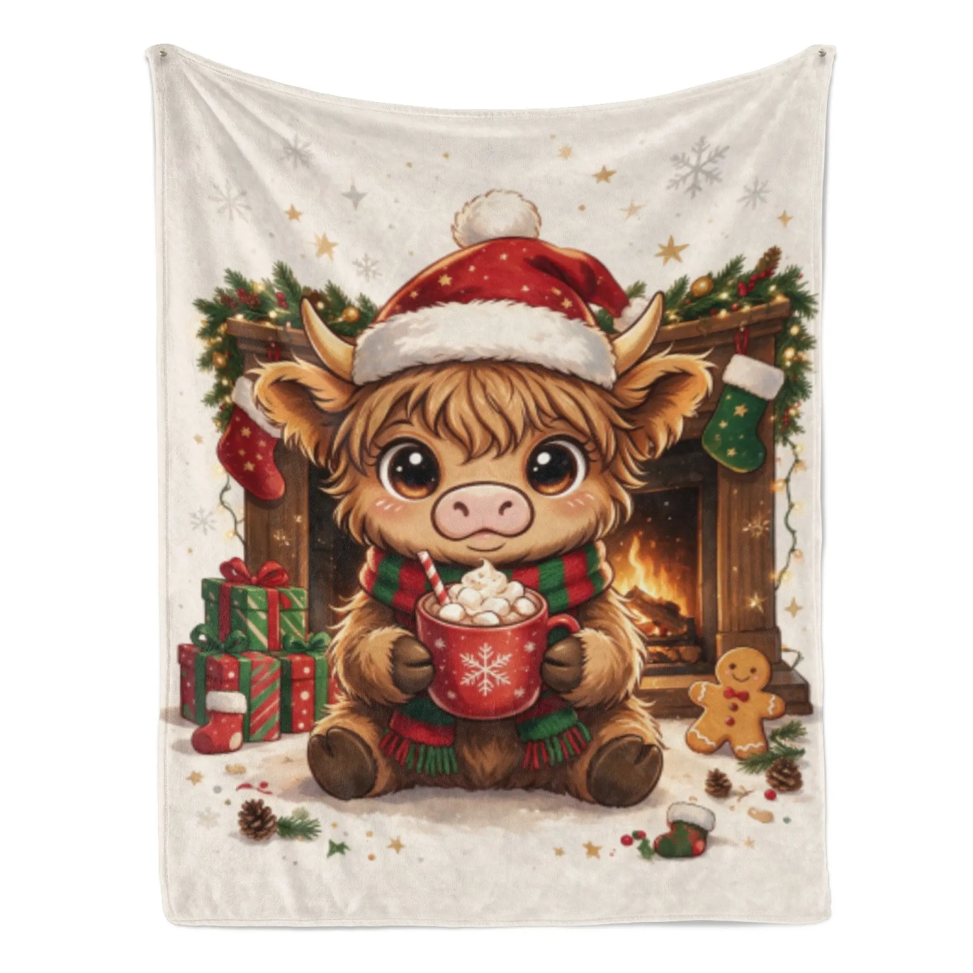 Highland Cow Santa Hat Hot Cocoa Fireplace Christmas Cartoon Print Blanket Ultra Soft Flannel Lightweight Throw Blanket Cozy Season Cozy Warm Nap Multifunctional Decorative Blanket, Warm Christmas & Farm Animal Lover Versatile Gift For Winter Cottage Fans