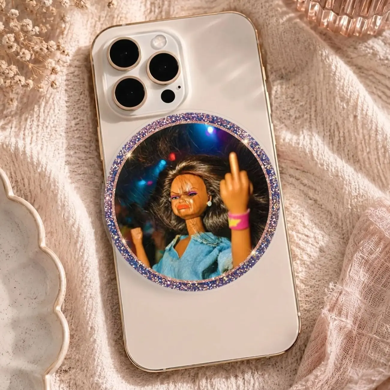Funny Crying Doll Phone Grip Party Lights | Sassy Moody Melanin Round Phone Holder