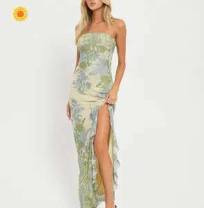 Women's dress, elegant mesh printed waist-cinching bodycon dress with slit and strapless design, long dress