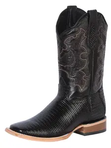 El General Men’s Square Toe Leather Cowboy Boot - Lizard Print - Black 41790