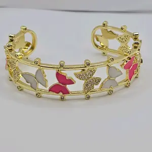 BUTTERFLIES bracelet gold-plated fashion style pink & clear stones CUTE STYLE cuff bracelet