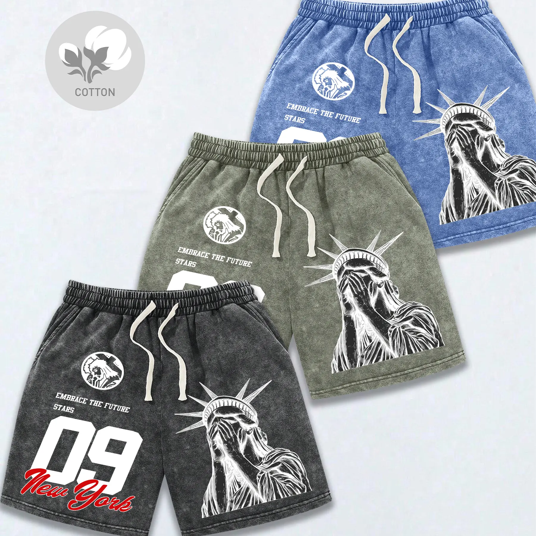 Men’s 2026 fashion cotton retro washed distressed 3-piece shorts set — trendy street Y2K snowflake design, American street style inspired by New York’s Statue of Liberty. Comfortable fabric, breathable and lightweight; suitable for surfing and basketball;