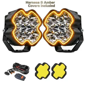 Quadra Series 4 Inch LED Pod Lights 2PCS with Amber DRL, Multi-Pod Off Road Driving Lights, 100W Spot Flood Combo Beam Fog Lights with Wiring Harness for Truck, Jeep, ATV, UTV