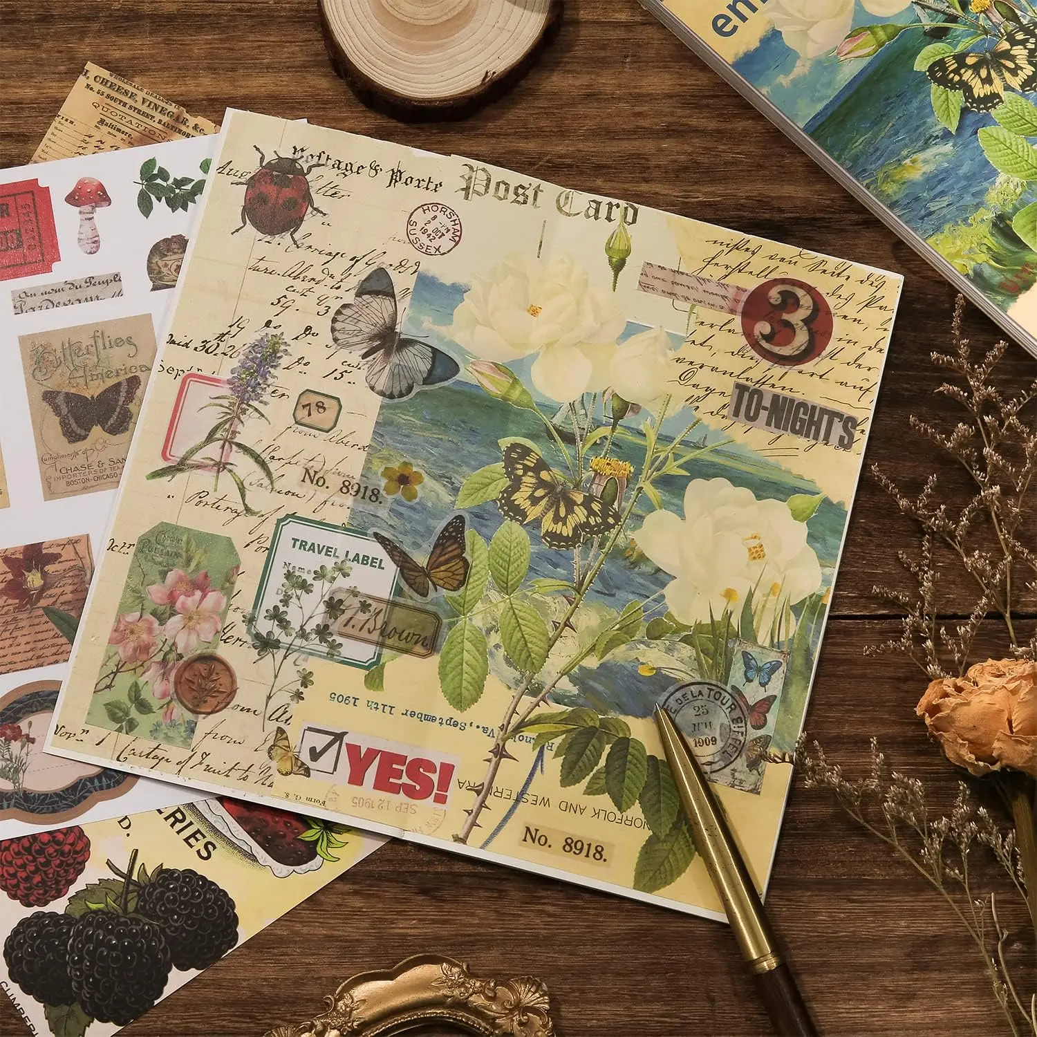 Vintage Washi Craft Paper & Adhesive Stickers Set (500+ Pcs) - Scrapbooking & Stamping Supplies, Botanical Decoupage Papers for Adult Bullet Journaling Collections, Sticker Pack, Botanical Art