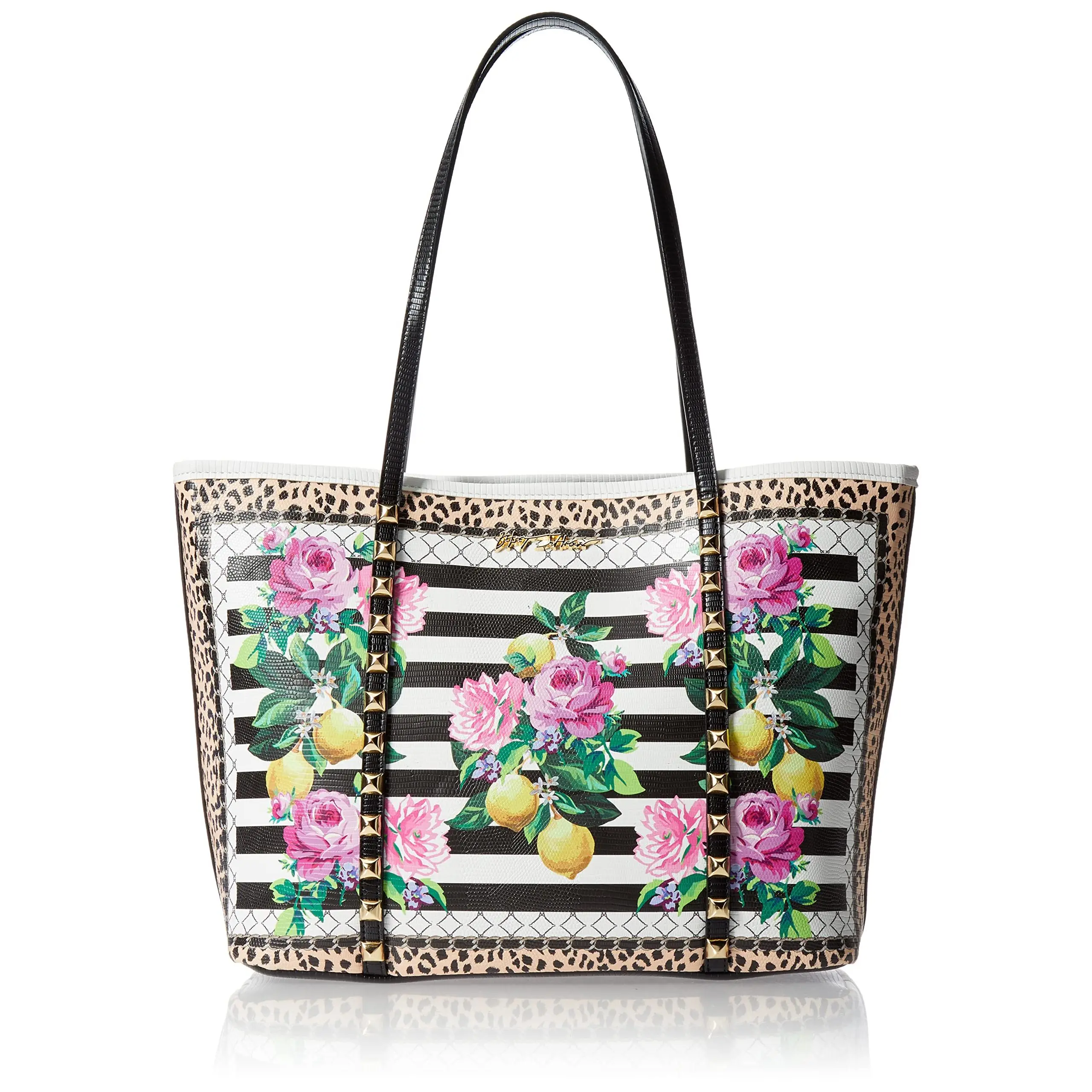 Betsey Johnson Women's Casual Chic Tote Bag - Black/White, Double Handle, Interior Back Wall Zipper Pocket, Pyramid Stud Details