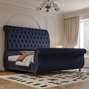 Queen Velvet Upholstered Platform Sleigh Bed Frame, Scroll Headboard & Footboard, Button Tufted, No Box Spring Needed, Queen Bed Frame