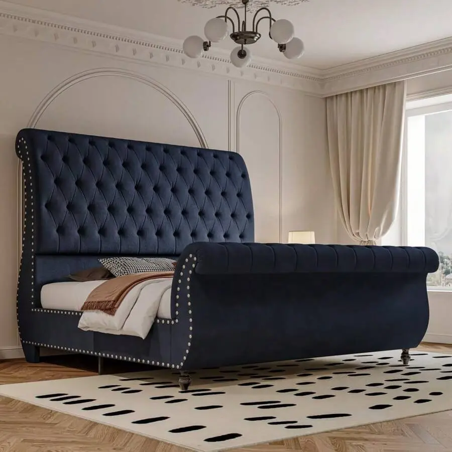 Black Queen Velvet Upholstered Platform Sleigh Bed Frame with Scroll Tufted Button Headboard & Footboard, No Box Spring Needed, for Bedroom Decor, Bed with Headboard, Black Bed Frame
