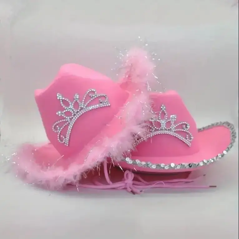 LED Light up Pink Cowgirl Hat with Tiara feather Boa,western  display picture 3
