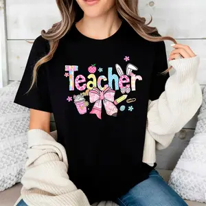 Cute Teacher Graphic T-Shirt for Women, Colorful Lettering & School Supplies Print Tee, Soft Cotton Short Sleeve Crew Neck Top, Casual Teaching Workwear, Back to School Outfit, Comfortable Everyday Wear