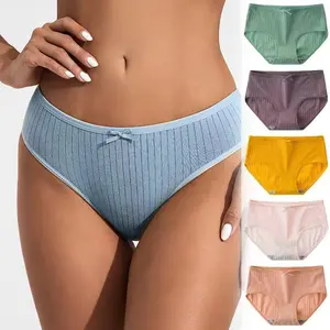 Women's 6-Piece Ribbed Cotton Underwear Sets - Mid-Rise Soft Panties, Breathable, Stretchy, Cute Bow Decor, Multi-Color Options, All-Season All-Day Comfort for Daily Wear