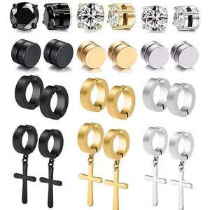 12pairs Magnetic Stainless Steel Non Pierced Earrings For Men Magnet CZ Clip On Dangle Earrings Set Earcuff Diy Jewelry Accessories