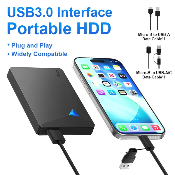 EAGET 500GB Portable USB 3.0 External Hard Drive, 5Gbps Rate Fast Transfer Multi-Device Storage, Works with Type-C Phones, PC, Mac, PS4, TV, Plug&Play, Auto Hibernate, Ultra Quiet for Gamers/Office Use