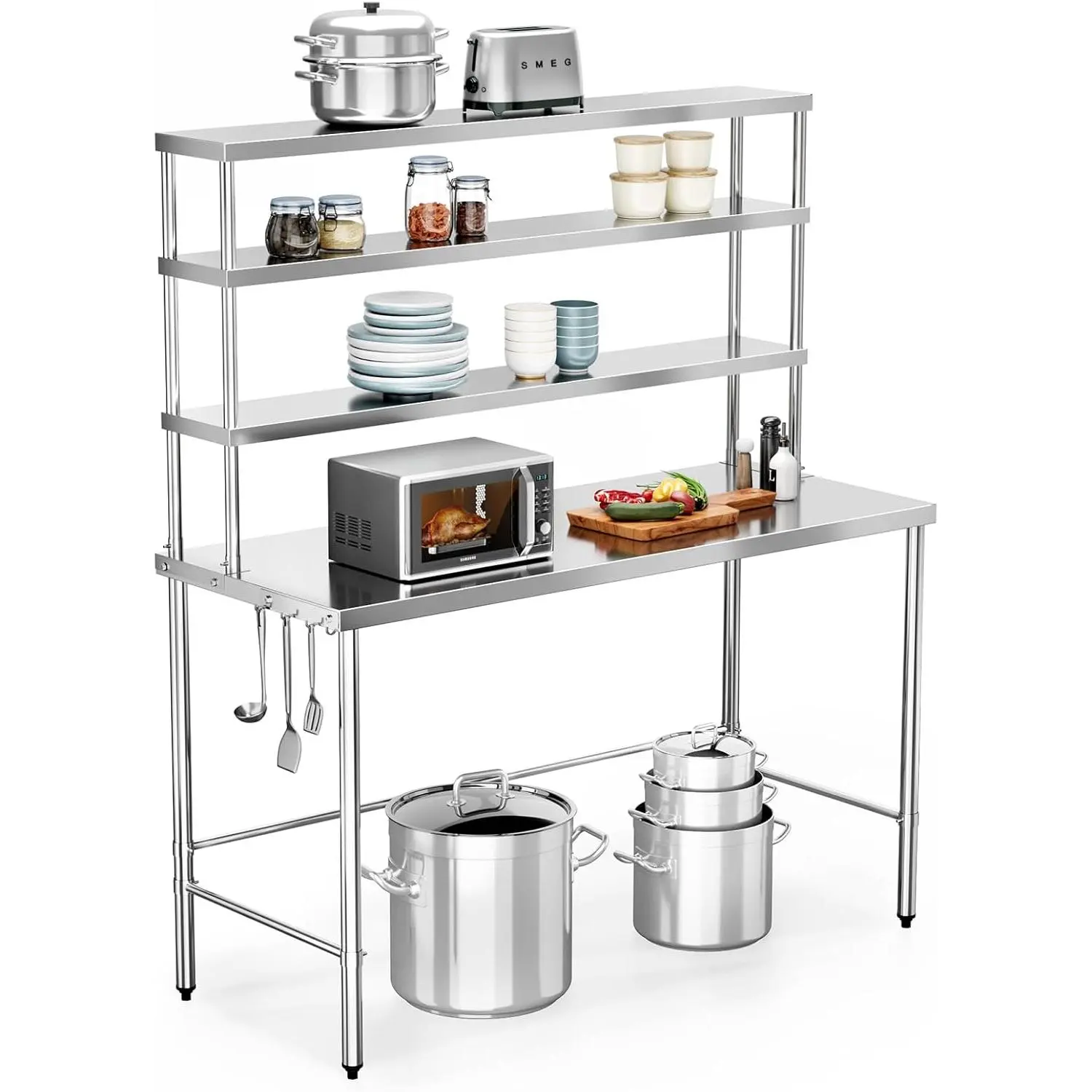 ROVSUN Open Base Stainless Steel Table with Overshelves 48" X 24", NSF Commercial Heavy Duty Pre Table with Adjustable Undershelf & Detachable Hooks for Kitchen Restaurant