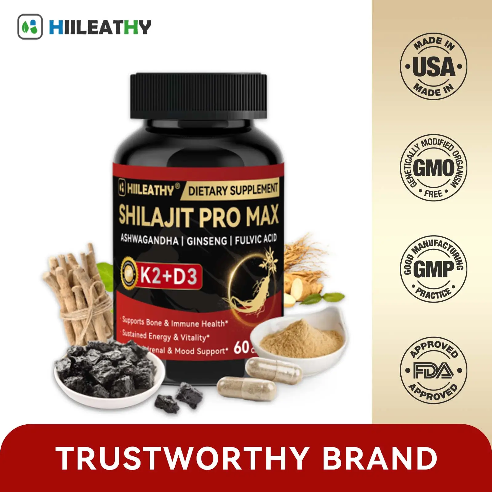 HIILEATHY Optimal Shilajit PRO MAX 60 Capsules Made in USA with Essential Minera...