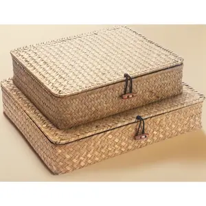 Seagrass Storage Baskets with Lid, Flat Wicker Basket, Shallow Woven Basket for Shelf, Decorative Storage Boxes for Organizing