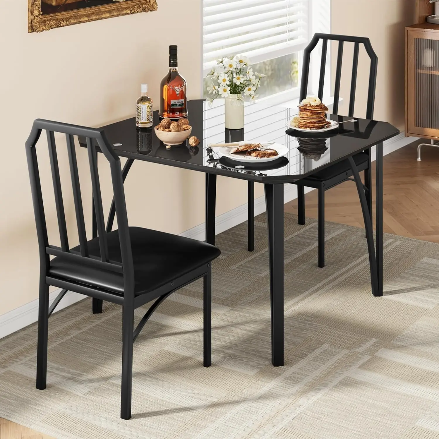 Glass Dining Table Set,Dining Table with Chairs,Chamfered Design Style and Comfortable Upholstered Seats,Dining Table for Small Space, Apartment,Home Kitchen