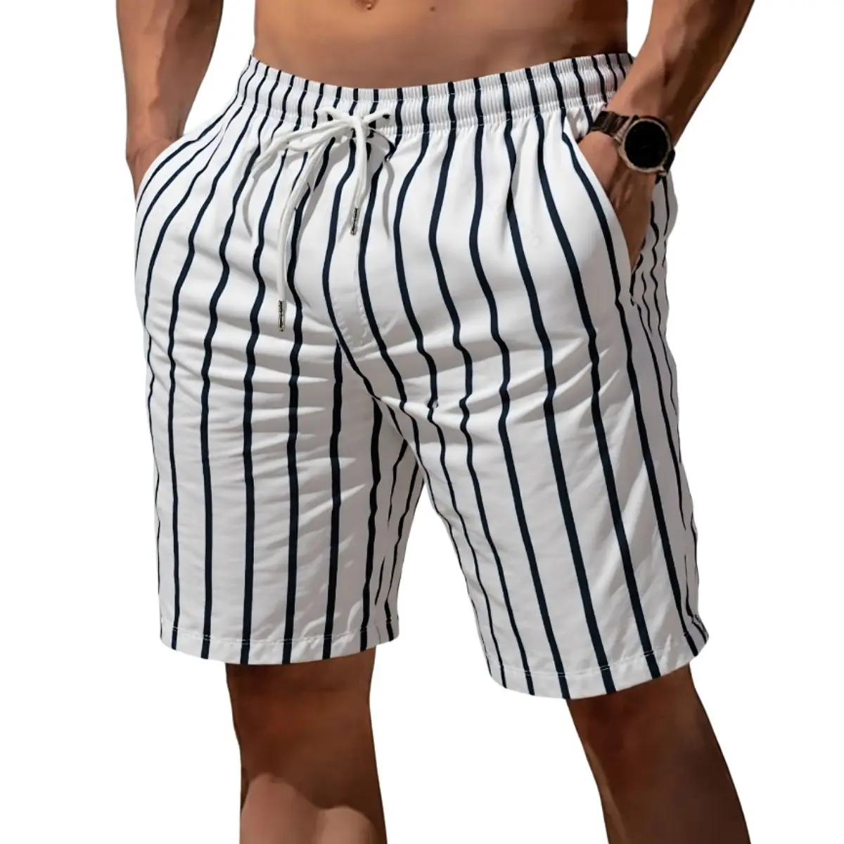 Men's Pinstripe Straight Adjustable Vintage High Street American Retro Casual Stylish Menswear Shorts, Pinstripe Men's Shorts, Adjustable Men's Shorts Aesthetics