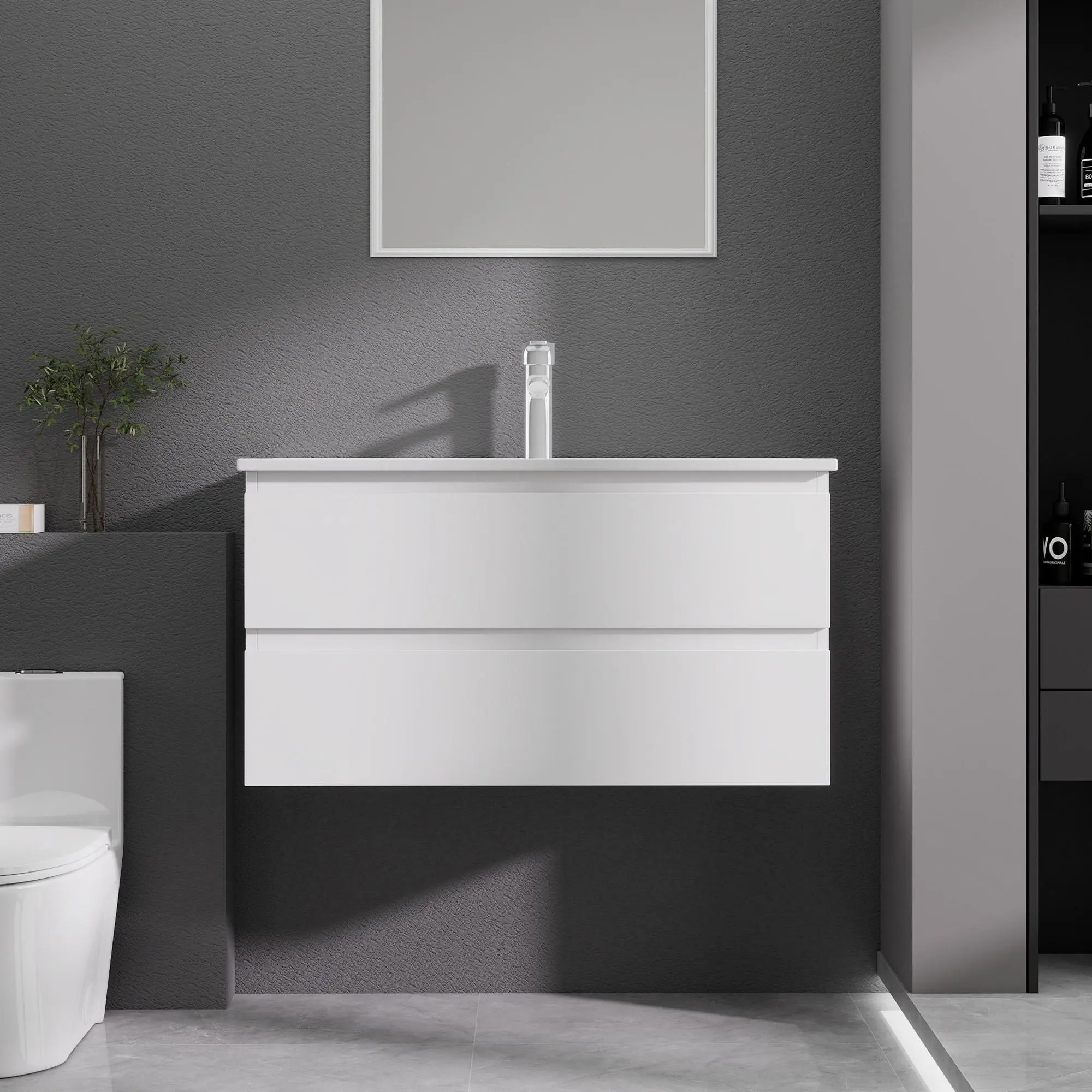 36 Inch Modern Floating Wall‑Mount Bathroom Vanity With Sink, Handle‑Less Plywood Cabinet, Soft‑Close Double Drawers For Small Bath & Powder Room