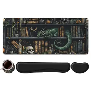 4pcs Fantasy Dragon and Alchemy Library Design Mouse Pad + Keyboard Wrist Rest + Ergonomic Mouse Pad + Coaster Set For Desktop Decoration, Office Accessories Set Ergonomic Wrist Support, Computer Mat Mouse Pad Coaster Suitable For Home Office Gaming