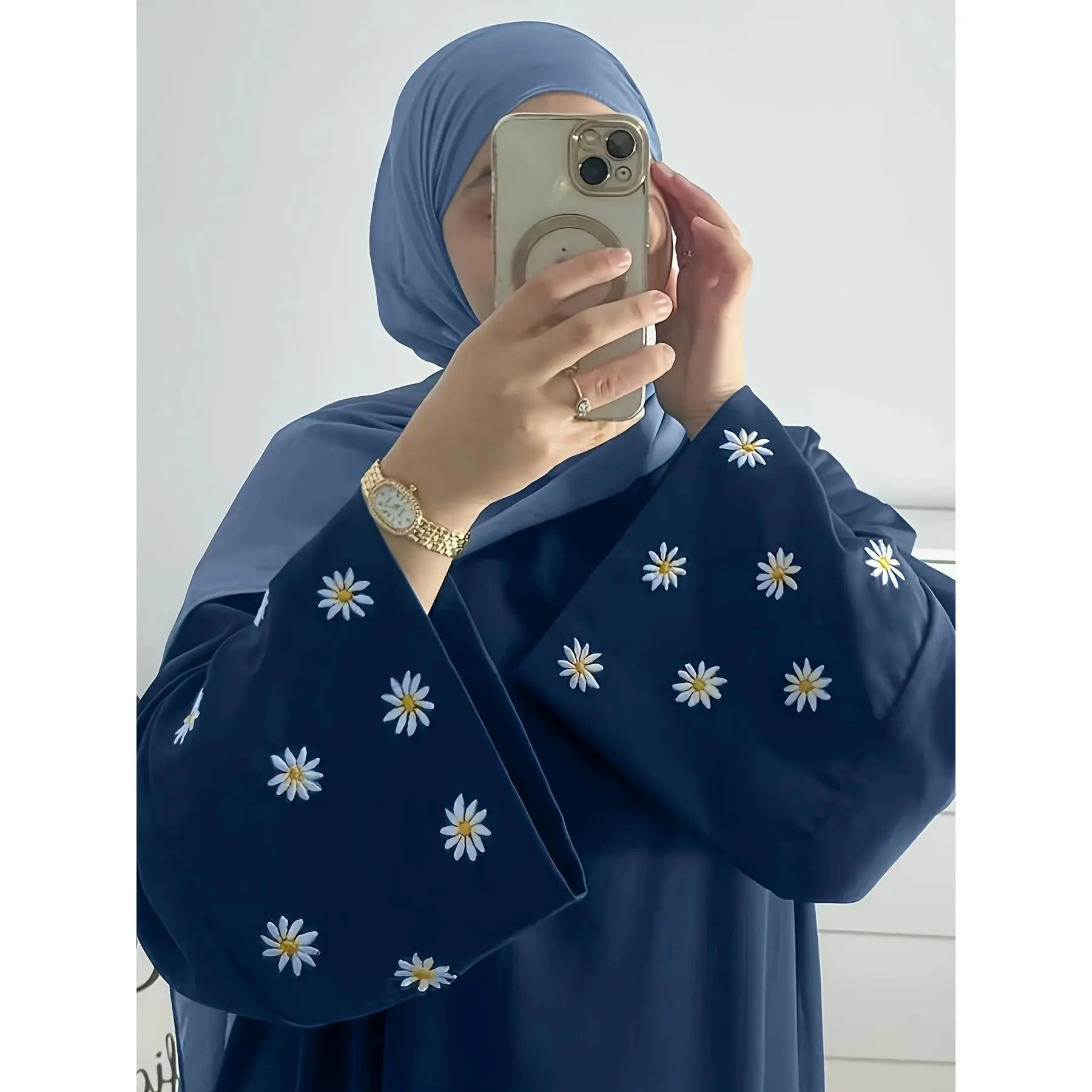 Women's Muslim Polyester Abaya Dress - 1pc Plain Solid Color, Casual Daily Wear, Loose Comfortable, Embroidered Chrysanthemum Cuff Sleeve, Long Sleeve Maxi, No Scarf, Islamic Modest Clothing, Hijabi Fashion, Embroidery
