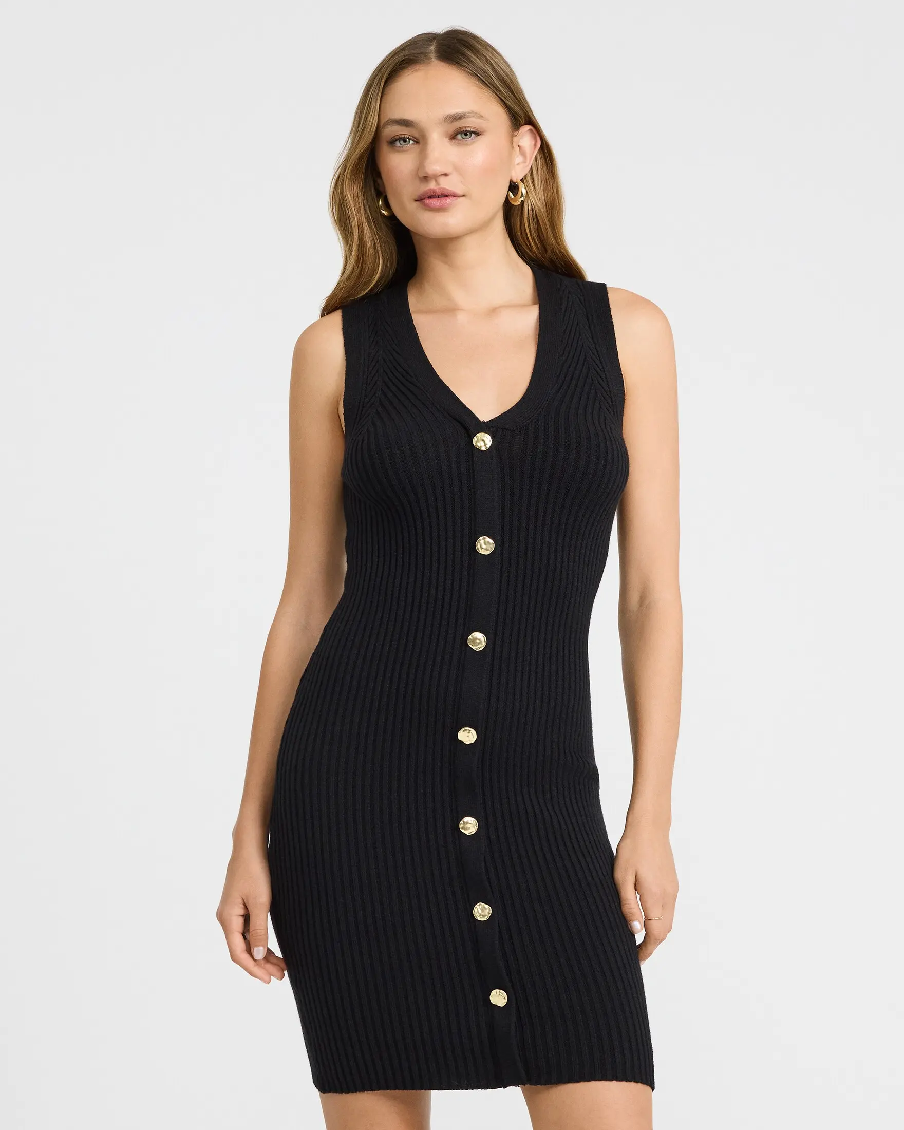 Express Ribbed V-Neck Gold Button Front Mini Sweater Dress