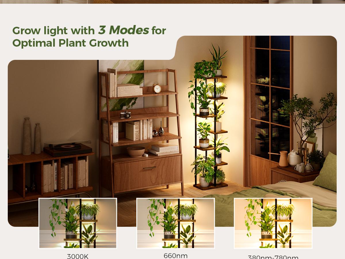 Bamworld Rustic Acacia Wood & Metal 7-Tier Plant Stand with Lights, Ambient Lighting for Indoor Plants, Home Decor Corner Rack for Living Room, Wooden Plant Stand