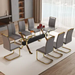 Table and chair set.Elegant Transparent Tempered Glass Dining Set - 71"x35.4" with 8 Dark Gray PU Chairs with golden C-tube metal leg.X-shaped Golden Metal Table Legs,Black Textured MDF Crossbeam.