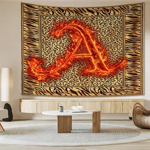 [Fiery 26 Letter Tapestry] Bold Orange and Red Flame Alphabet Wall Tapestry with Vibrant Leopard and Tiger Print Background | Dynamic Fire Art Wall Hanging for Bedroom Decor | Aesthetic Animal Print Tapestry | High-Definition Digital Print Wall Art