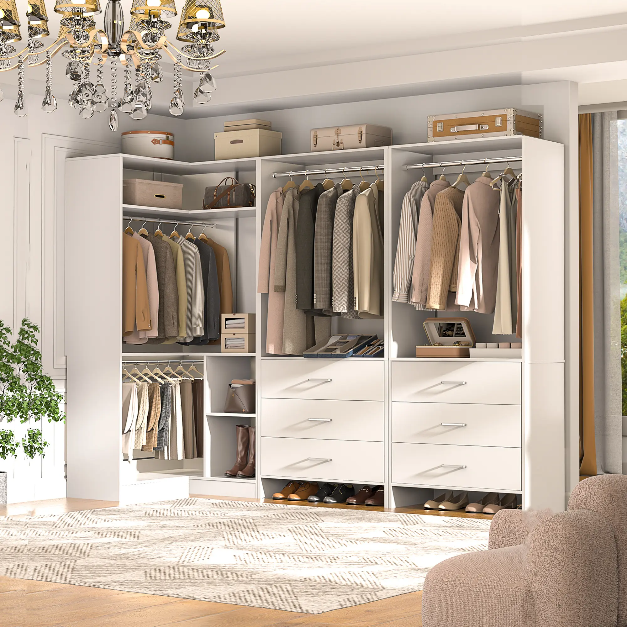 81'' W Corner Closet System with 6 Wooden Drawers ＆ 4 Hanging Rods, Freestanding Walk-in Closet Organizer System Modular Wardrobe with Storage Shelves