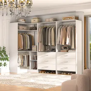 81'' W Corner Closet System with 6 Wooden Drawers ＆ 4 Hanging Rods, Freestanding Walk-in Closet Organizer System Modular Wardrobe with Storage Shelves