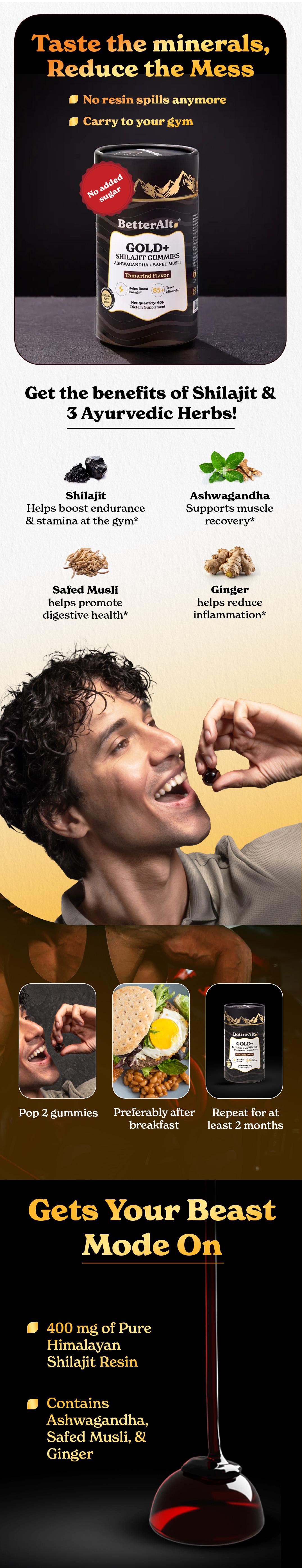 3 Packs of BetterAlt GOLD+ Shilajit Resin Gummies | With Ashwagandha & Safed Musli | Helps Improve Gym Performance | Lab-Tested for Purity