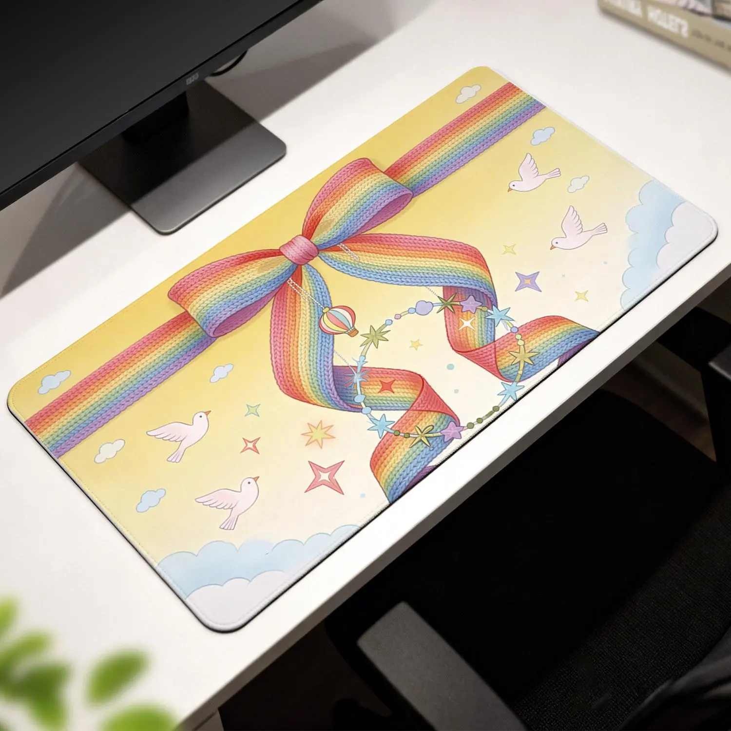 Sublimation Custom Graphic Mouse Pad - 40x80cm Rectangular Office Desk Mat, Rainbow Ribbon Flying Doves Hot Air Balloon Design, Non-Slip Durable, Precise Control for Gamers & Modern Office Use