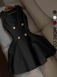 Elegant Chic Cross Back Solid Vest Dress, Casual Wear, Fashionable Two-Button Design, Perfect for Dates and Vacations, Women's Stylish Womenswear, Minimalist