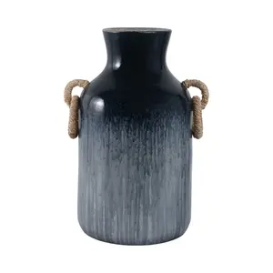 212 MAIN 18 in. Modern Blue Pottery Base Vase - Rattan Handles, Reactive Finish, Large-Size Home Decor Ornament