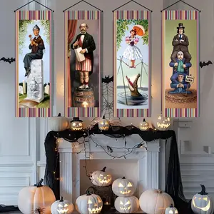 Haunted Mansion Stretching Portraits Set/4pcs, Outdoor Vinyl Halloween Decoration, Vintage Horror Poster for Home Wall Decor & Photo Banner