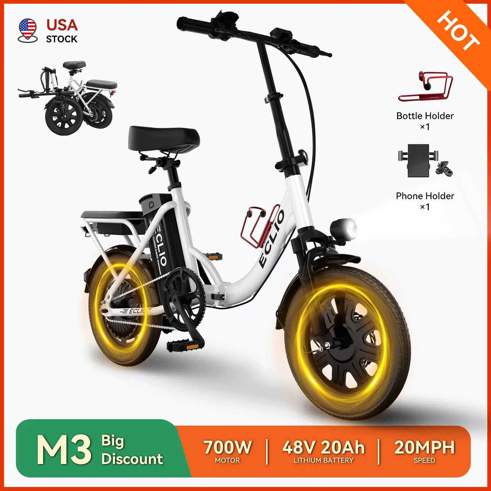 [ECLIO] M3 Folding Ebike Electric Bike, High Carbon Steel Frame, Full Suspension System, 700W, Top Speed 28mph,48V 20Ah, Pedal Assist Range of 50-70 Miles, 14-Inch All-Terrain UL2849 Certified Off-Road Mountain Bike Disc Brakes Summervibes