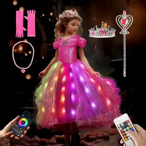 UPORPOR Pink Light-Up Ice Princess Dress for Girls – 100+ LED Modes, Music Sync, Halloween Christmas Costume with Accessories (Ages 3-9)