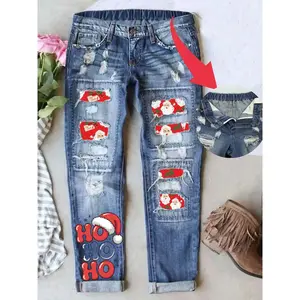 Women's tattered boyfriend jeans, vintage washed Christmas patch printed denim jeans, casual fit, natural waist buckleRAIMENTRY