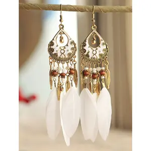 Bohemian Colorful Feather Earrings, Beaded Tassel Dangle Earrings For Women