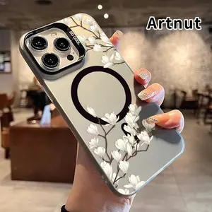 Magnetic Phone Case for iPhone 15 16 14 Pro Max 13 12 11 E Plus Magnolia Blossom Grace Pattern Shockproof Drop Protection Durable PC Smartphone Cover Cellphone Protective
