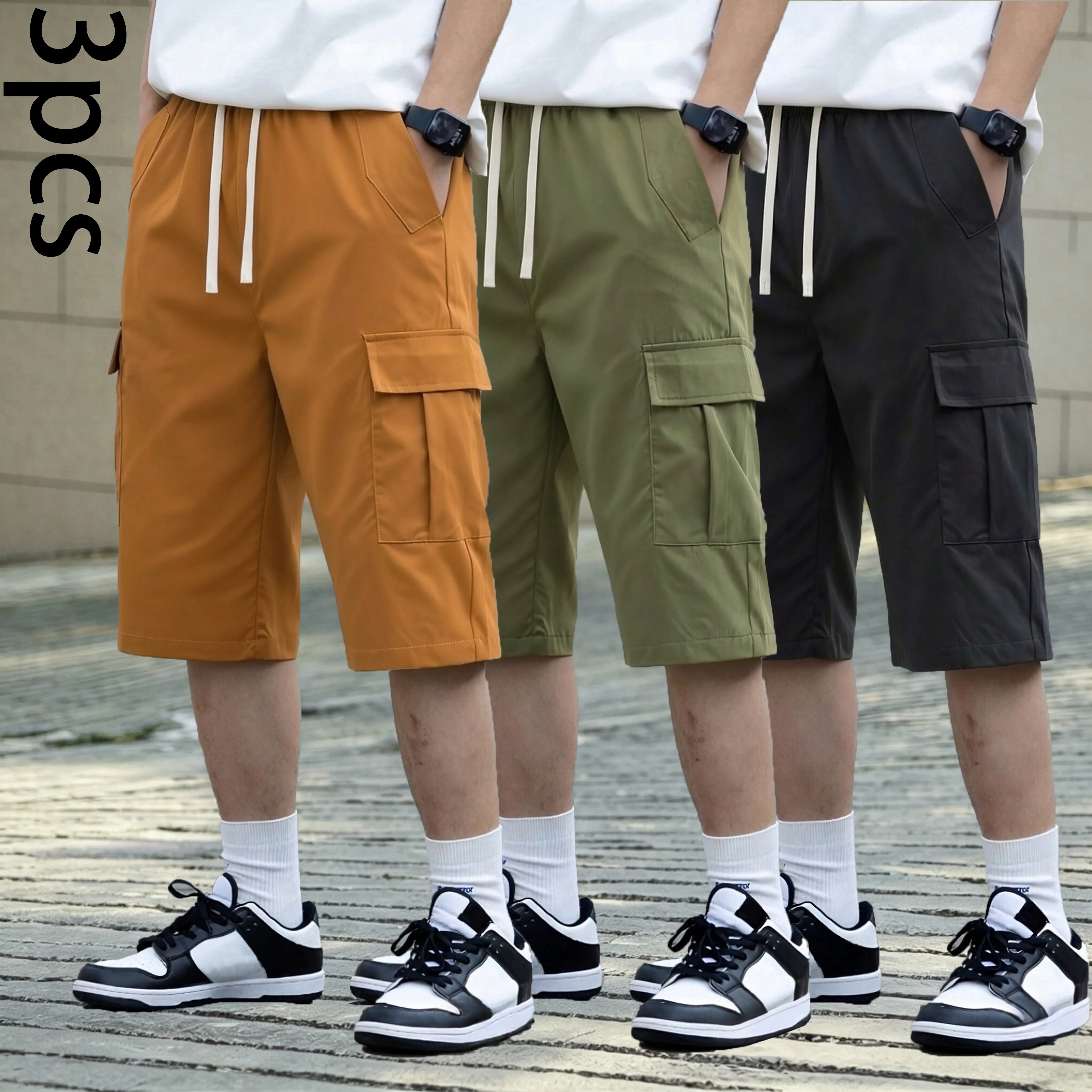 Men’s three-piece set of loose work shorts, lightweight athletic casual shorts with multiple pockets and an adjustable drawstring waist, suitable for outdoor hiking activities; lightweight athletic casual shorts; outdoor casual shorts